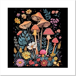 Mushrooms And Cozy Purple Flowers For Mushroom Lovers and Garden Floral Motifs Art Posters and Art